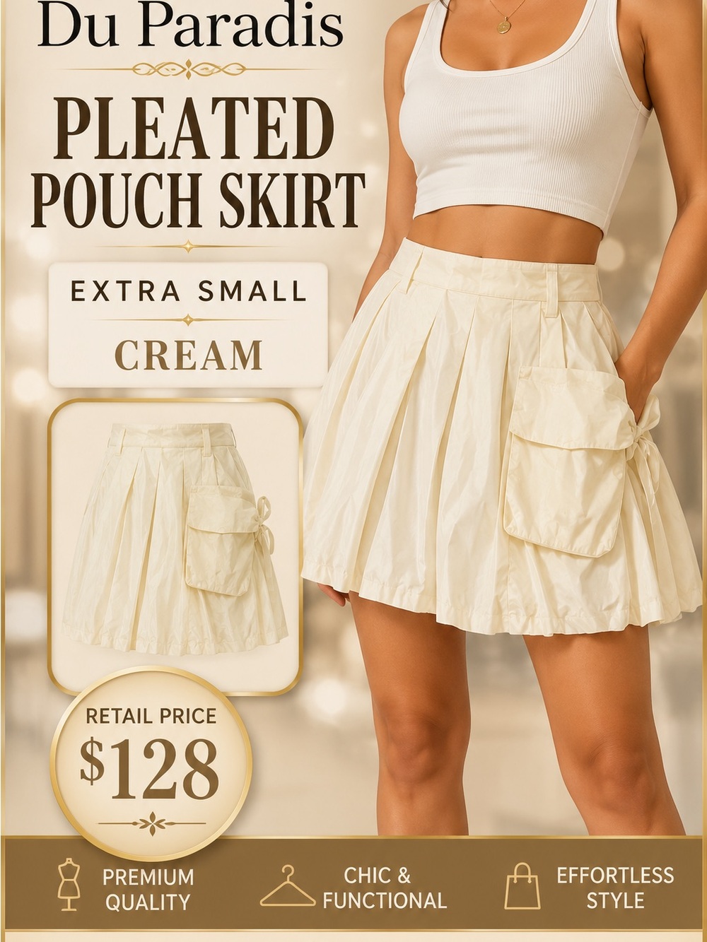 Du Paradis Cream Pleated Pouch Mini Skirt